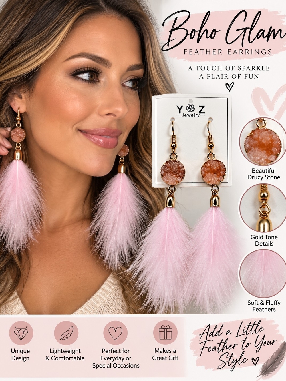 Boho Glam Pink Feather Druzy Drop Earrings